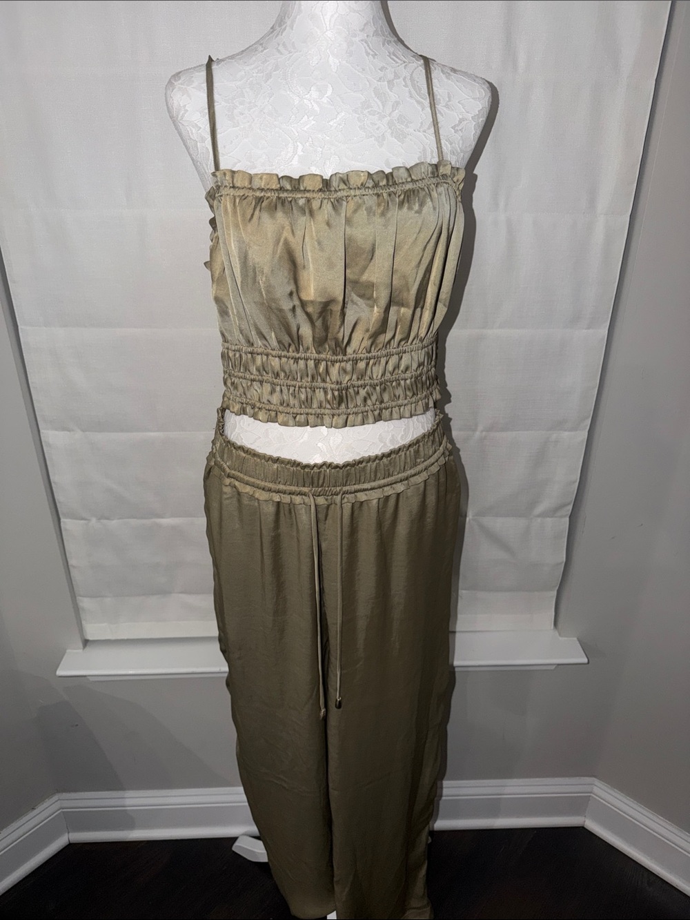 House of Harlow 1960 Olive Green Satin Two-Piece Jumpsuit Set